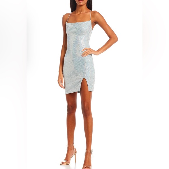 City Studios Juniors Womens Light Blue Metallic Mini Slip Dress Cowl Neck S NWT - Picture 3 of 11